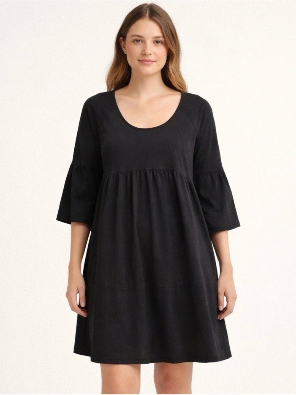 Pact Womens Babydoll Black Organic Cotton Tiered Dress M Pockets Knee Length